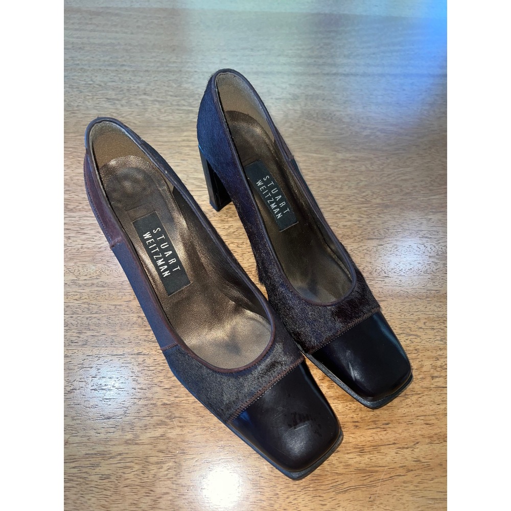 Stuart‎ Weitzman Block Heels Brown Pat Textured Faux Fur Size 7 B